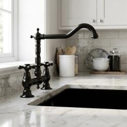 black-kitchen-faucet-vintage-style-marble-countertop